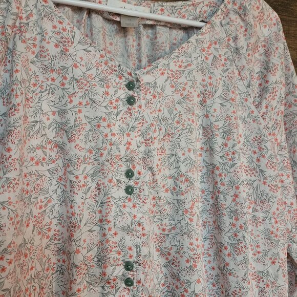 CJ Banks Ditzy Floral Top 1X Ruffle 3/4 Sleeve Button Front Pleated Cotton Boho - Picture 2 of 10